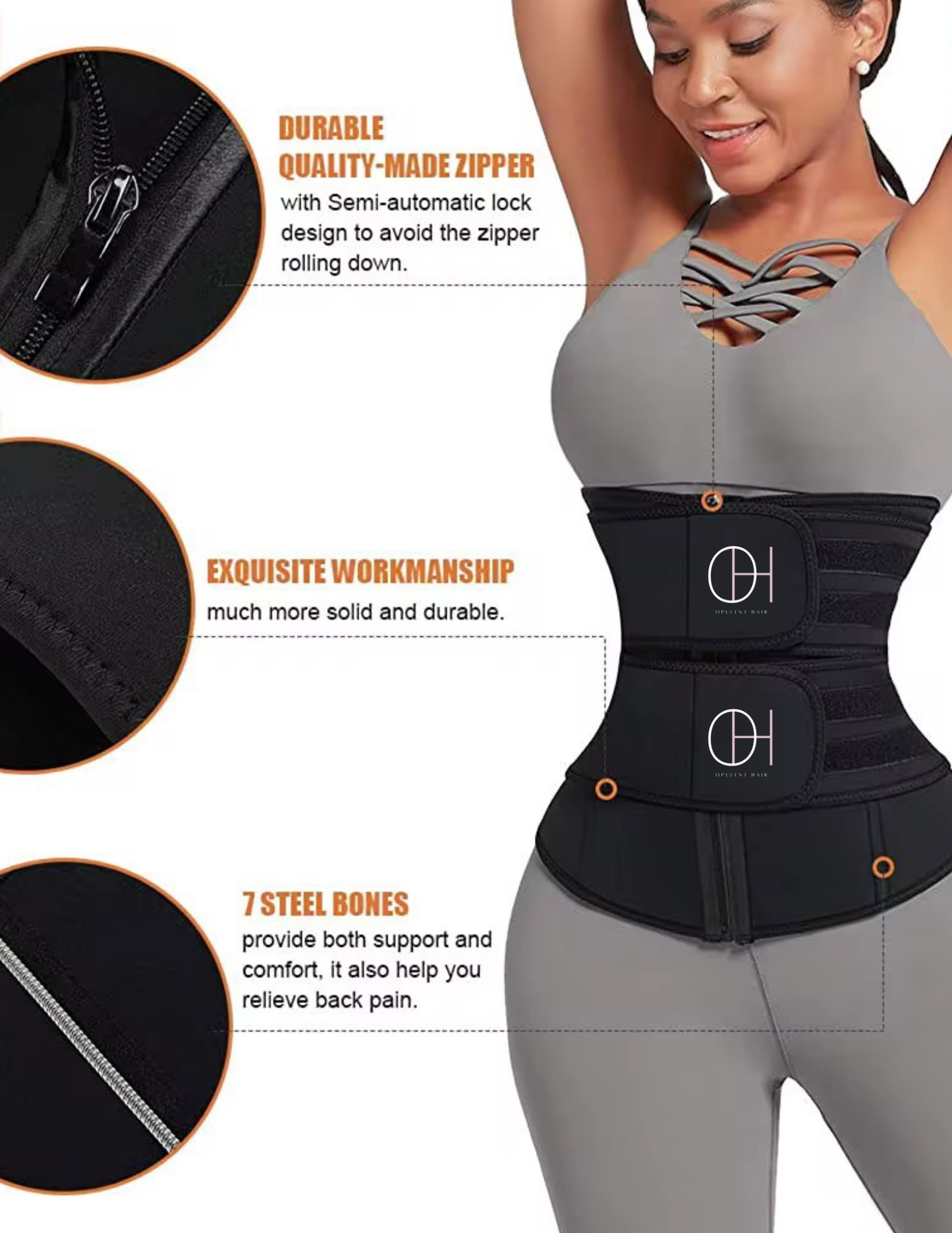Opulent Waist Trainer with  Quality-Made Zipper Semi-Automatic Lock Design 7 Steel Bones for Support and Comfort